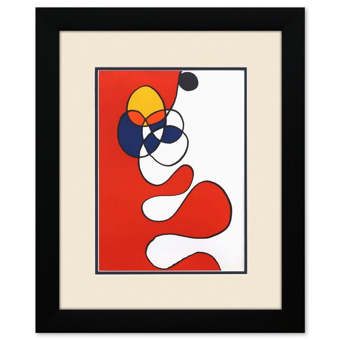 Alexander Calder- Lithograph "DLM173 - COMPOSITION V": Artist: Alexander Calder. Medium: Lithograph. Title: DLM173 - COMPOSITION V. Size: 15" x 11". Measures approx. 23.5" x 19.5" (framed). Certificate of Authenticity: Is included. Reference#: 60505.