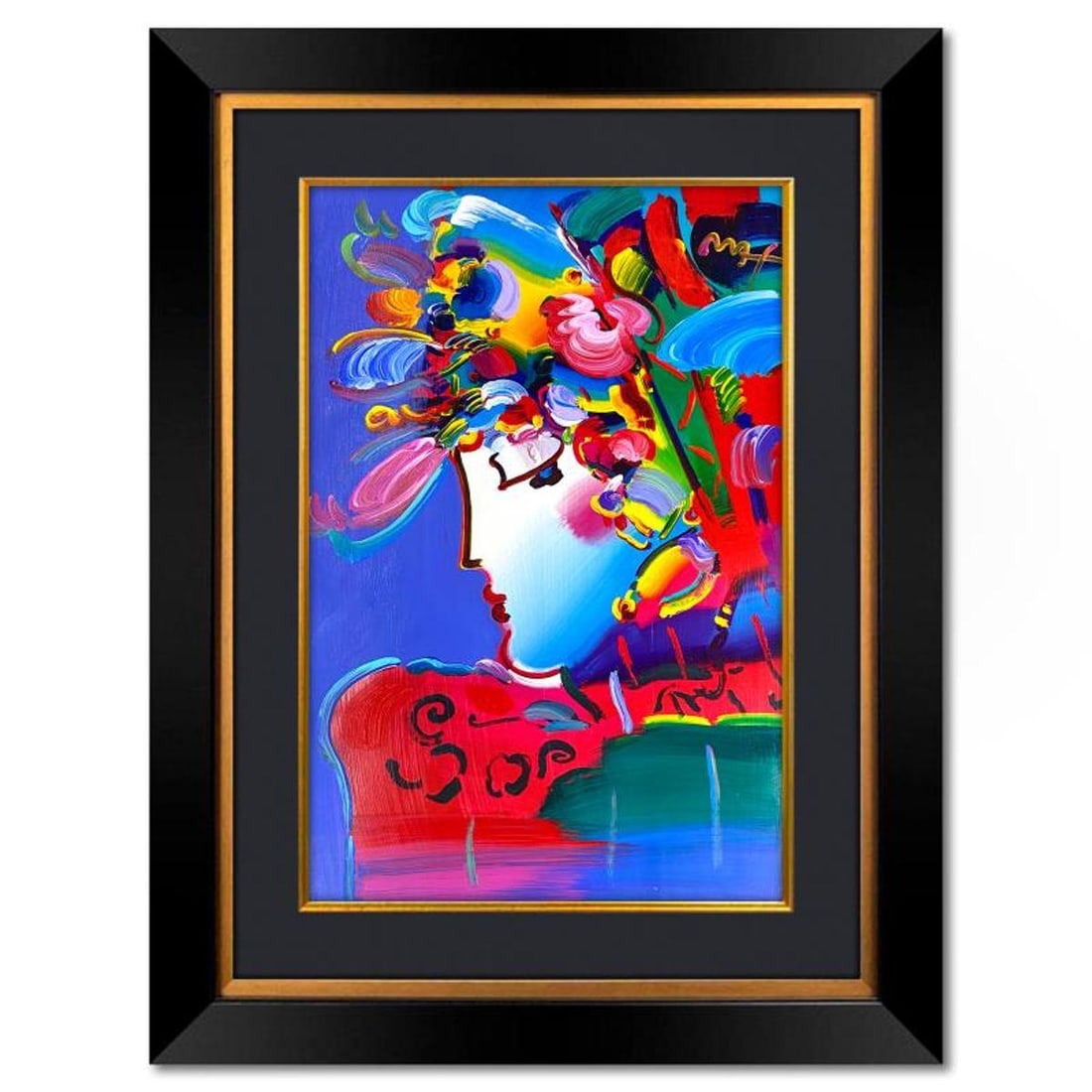 Peter Max, "Blushing Beauty" Framed One-of-a-Kind Mixed Media, Hand Signed with Registration Number: Blushing Beauty is a one-of-a-kind mixed media on paper, hand signed by Peter Max. The piece comes custom framed with a backside cutout to display Peter Max Studio registration number 241230