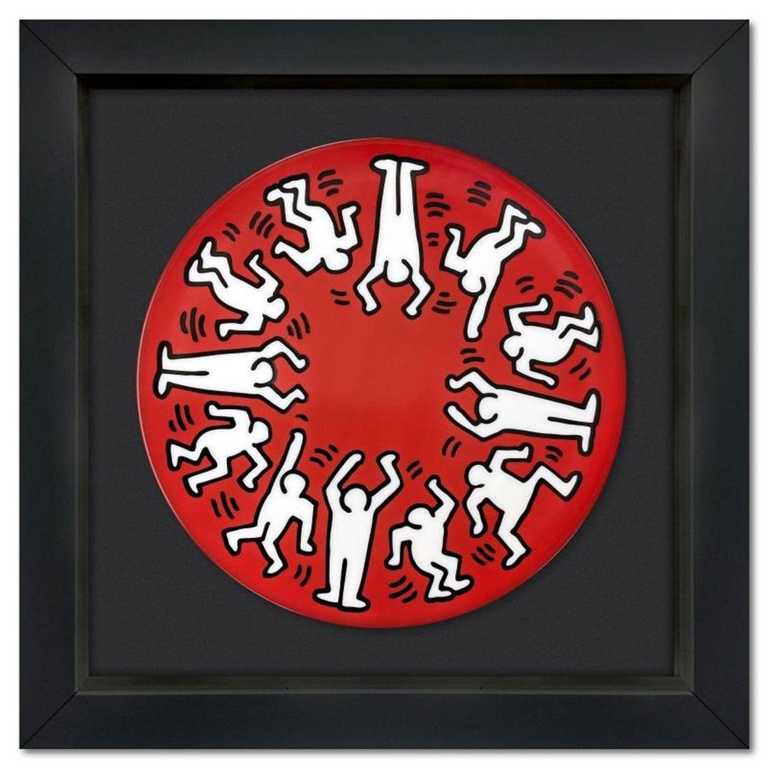 Keith Haring (1958-1990), "White on Red" Framed Limoges Porcelain Plate.: White on Red is a Limoges porcelain plate bearing the plate signature inverso of Keith Haring (1958-1990). This plate is custom framed and floated on linen. Measures approx. 16" x 16" (frame), 11"
