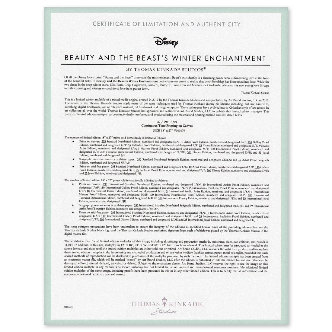 Thomas Kinkade- Hand Embellished Giclee on Canvas "Beauty and the Beast's Winter Enchantment" - 5