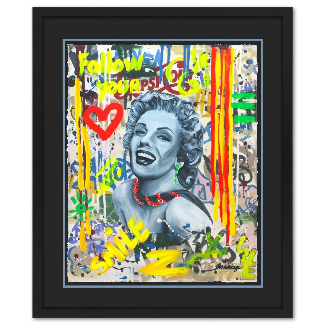 Nastya Rovenskaya- Original Mixed Media on Deckle Edge Paper "Smile": Artist: Nastya Rovenskaya. Medium: Original Mixed Media on Deckle Edge Paper. Title: Smile. Size: 30" x 24". Measures approx. 40" x 34" (framed). Signature: Hand Signed by the artist. Certificate of