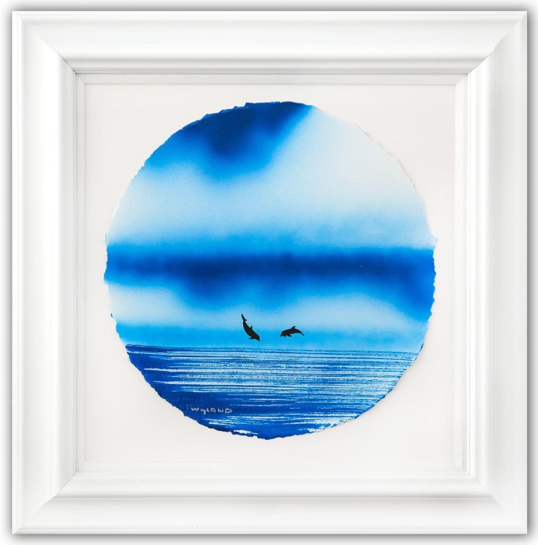 Wyland- Original Watercolor Painting on Deckle Edge Paper "Dolphins": Artist: Wyland. Medium: Original Watercolor Painting on Deckle Edge Paper. Title: Dolphins. Size: 19" x 19". Measures approx. 30" x 30" (framed). Signature: Hand Signed by the artist. Certificate of