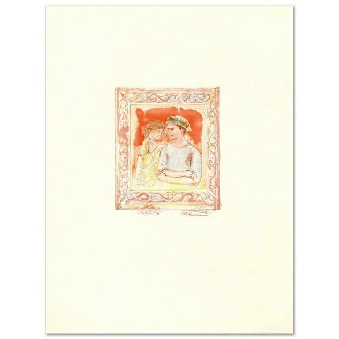 Romance Limited Edition Lithograph by Edna Hibel (1917-2014), Numbered and Hand Signed with: Romance is a limited edition lithograph on rice paper, numbered and hand signed by Edna Hibel (1917-2014). Includes Certificate of Authenticity! Measures approx. 20" x 26.5" (with border), 8.5" x 10"