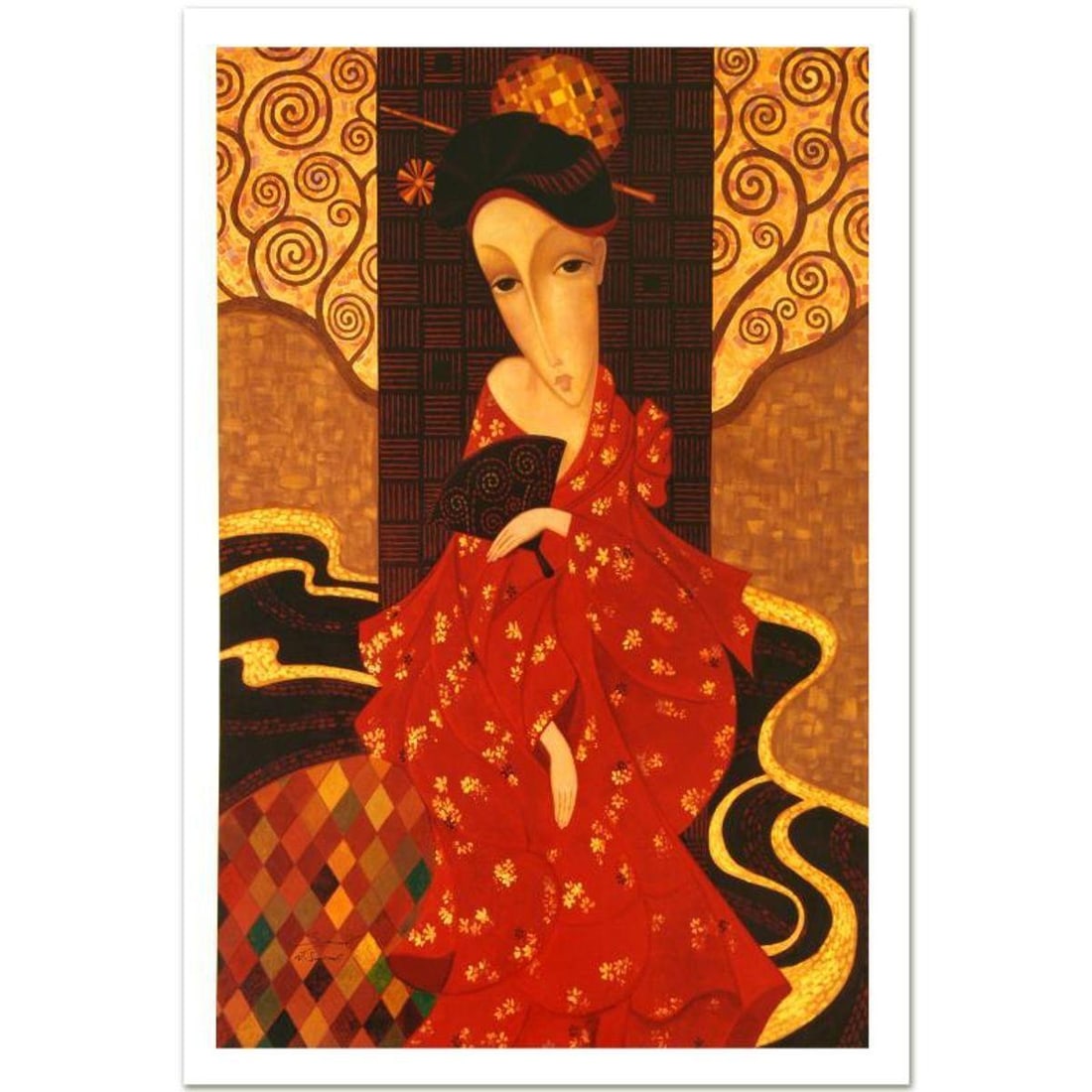 Sergey Smirnov (1953-2006), "Geisha In Red" Limited Edition Mixed Media on Canvas (32.5" x 50.5"),: Combining time-honored religious icon painting with western style portraiture, the hauntingly beautiful art of Sergey Smirnov (1953-2006) is inspired by the 'Parsuna' art movement. "Geisha In Red" is