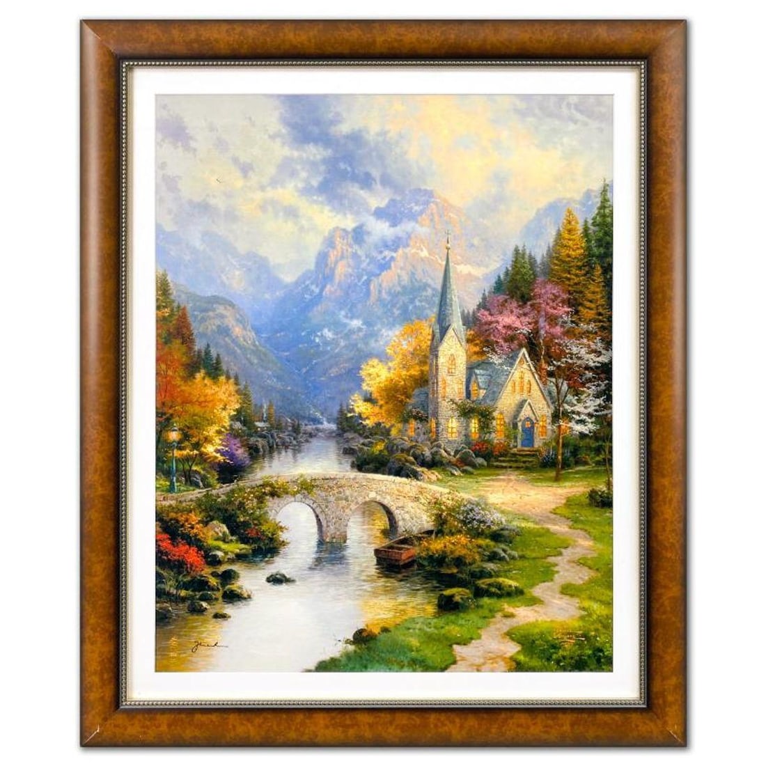 Thomas Kinkade (1958-2012), "The Mountain Chapel" Framed Limited Edition Lithograph, Numbered and: The Mountain Chapel is a limited edition offset lithograph on paper by Thomas Kinkade (1958-2012), numbered and bearing Kinkade's authorized signature. This piece is framed. Measures approx. 37.5" x 3