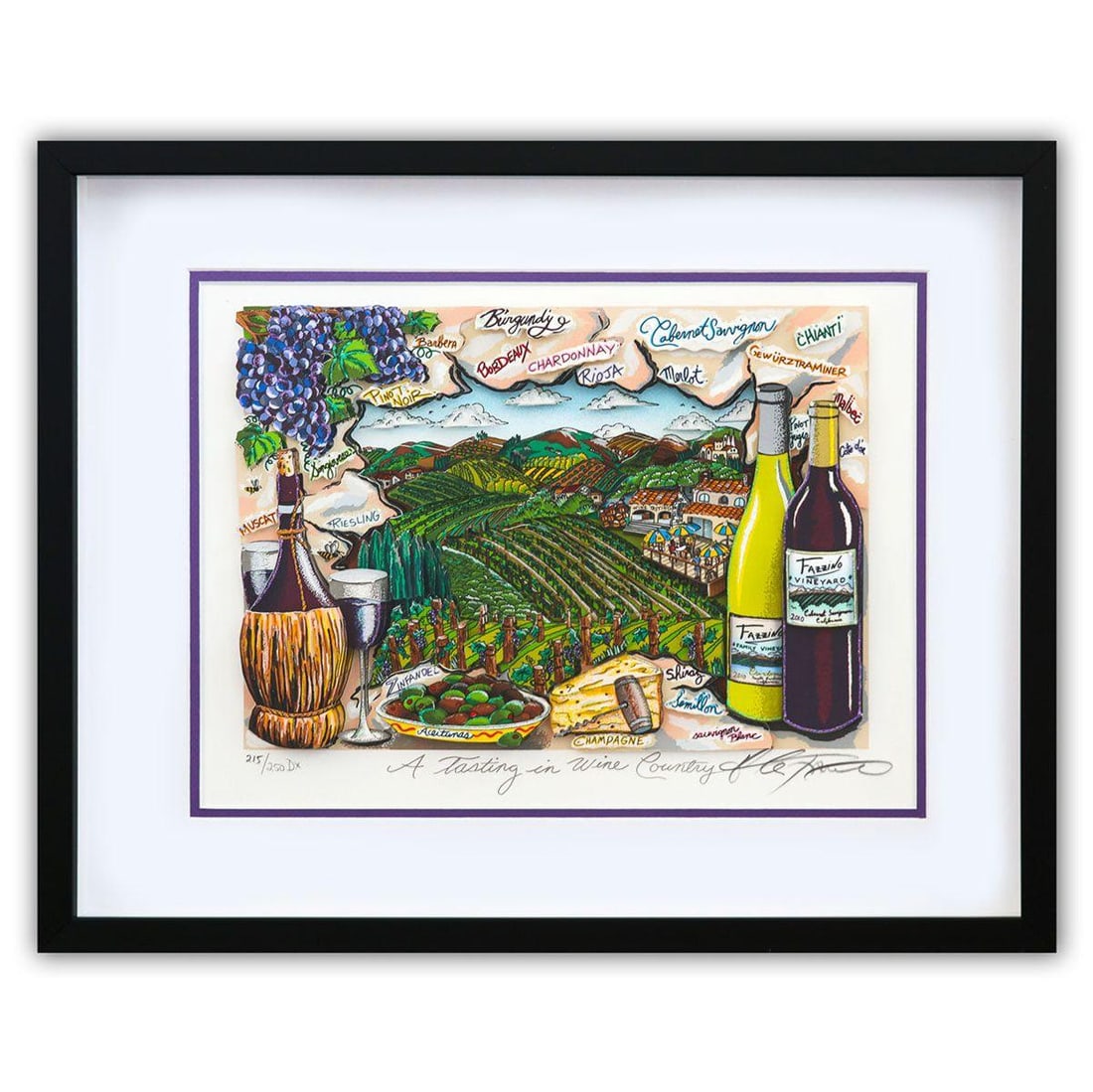 Charles Fazzino- 3D Construction Silkscreen Serigraph "A Tasting in Wine Country": Artist: Charles Fazzino. Medium: 3D Construction Silkscreen Serigraph. Title: A Tasting in Wine Country. Size: 11" x 15". Measures approx. 19.5" x 23" (framed). Signature: Hand Signed and numbered by