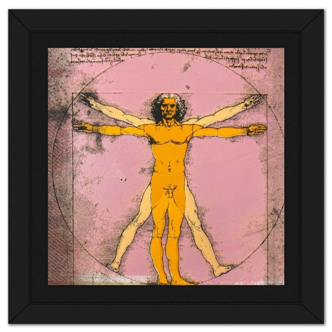 Steve Kaufman (1960-2010), "Vitruvian Man" Framed Hand Embellished Limited Edition Silscreen,: Vitruvian Man is a hand embellished limited edition silkscreen on canvas by Andy Warhol protege, Steve Kaufman (1960-2010), numbered 18/50 inverso and hand signed by the artist. This piece comes custo