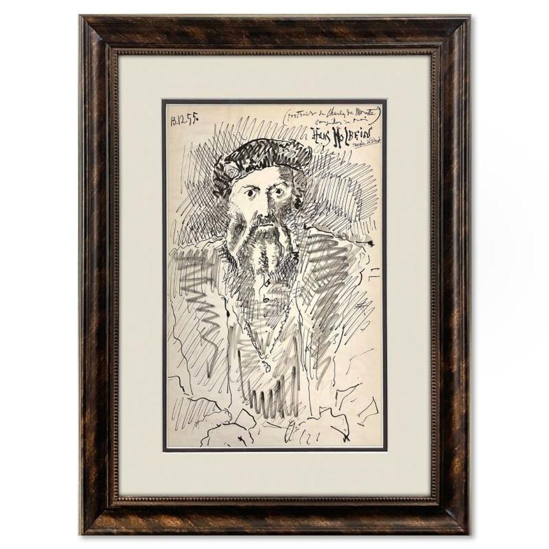 Pablo Picasso (1881-1973), "Carnet de Californie 13.12.55" Framed Vintage Lithograph on Paper with: Carnet de Californie 13.12.55 is a vintage lithograph on paper by Pablo Picasso (1881-1973). This piece is from Picasso's Carnet de Californie Series and was printed in Paris, France by Mourlot Studio