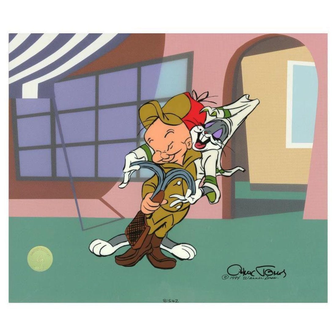 Chuck Jones "Let Me Straighten Your Tie" Hand Signed, Hand Painted Limited Edition Sericel.: Let Me Straighten Your Tie is a limited edition animation cel with hand painted coloring on sericel outline. The piece is numbered, hand signed by Chuck Jones (1912-2002), and includes a Certificate