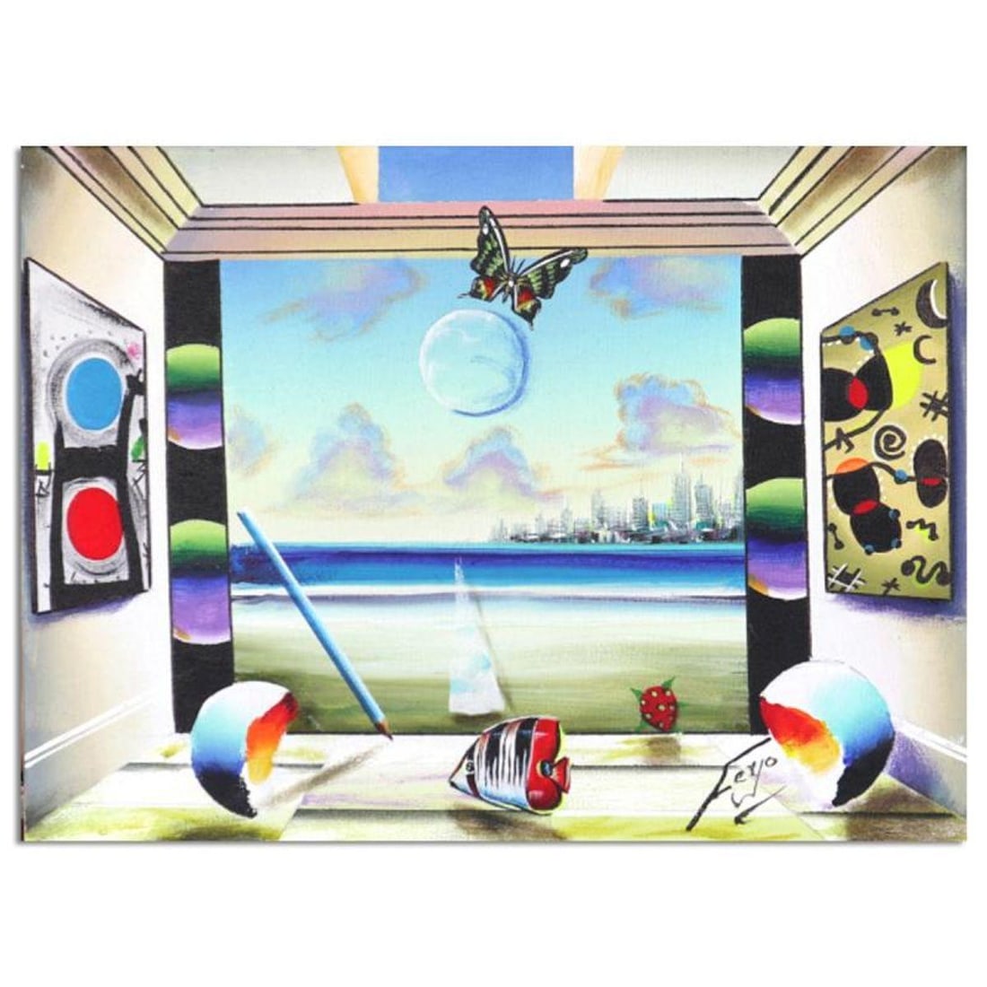 Ferjo, "Views of Miro" Hand Signed Original Painting on Canvas with Letter of Authenticity.: Views of Miro is an original painting, oil on stretched canvas, by Ferjo. Hand signed by the artist, this piece comes with a letter of authenticity. Measures approximately 16" x 12" (image).