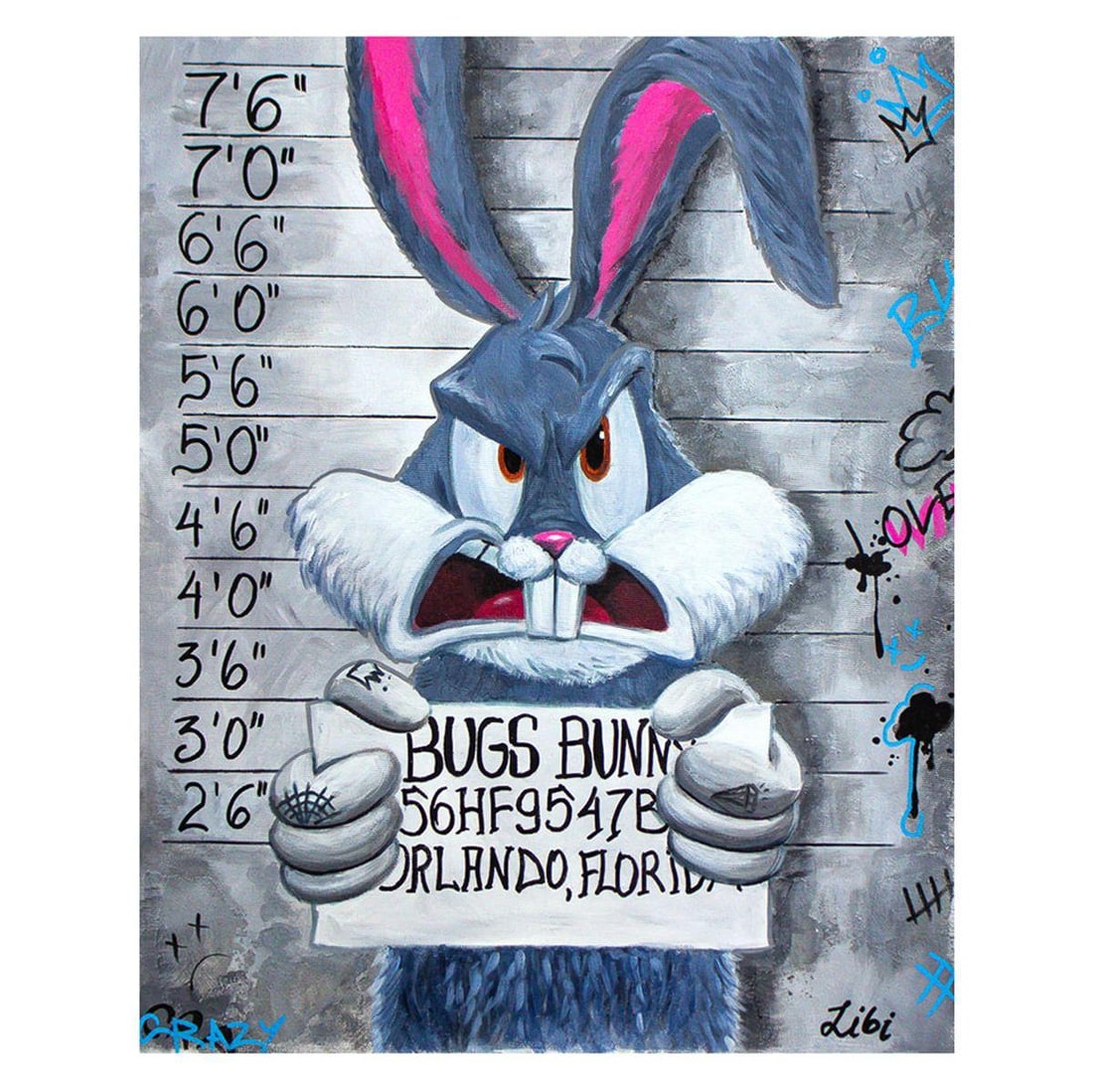 Libi- Original Acrylic on Canvas "Angry Bunny": Artist: Libi. Medium: Original Acrylic on Canvas. Title: Angry Bunny. Size: 20" x 16". Signature: Hand Signed by the artist. Certificate of Authenticity: Is included. Reference#: 44275.