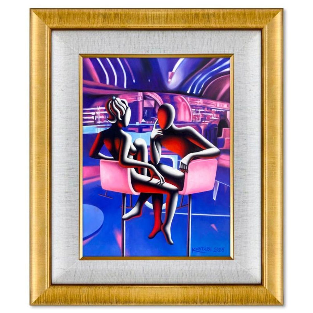 Mark Kostabi, "Tell Me More" Framed Original Oil Painting on Canvas, Hand Signed with COA: Tell Me More is an original oil painting on canvas by Mark Kostabi, hand signed by the artist. This piece comes custom framed. Includes Certificate of Authenticity. Measures approx. 33.5" x 27.5" (fra