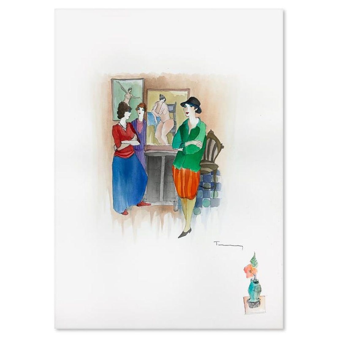 Itzchak Tarkay (1935-2012), Original Mixed Media Watercolor Painting on Paper, Hand Signed with (1 of 2)