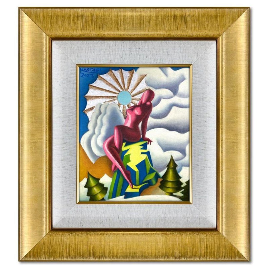 Mark Kostabi, "The Summit of Promise" Framed Original Oil Painting on Canvas, Hand Signed with: The Summit of Promise is an original oil painting on canvas by Mark Kostabi, hand signed by the artist. This piece comes framed. Includes Certificate of Authenticity. Measures approx. 22" x 20" (frame