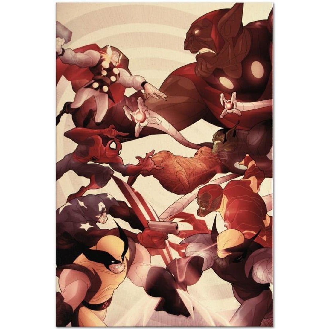 Marvel Comics "Secret Invasion: Front Line #5" Numbered Limited Edition Giclee on Canvas by Juan Doe: A piece of comic book history, this limited edition, from original art by Juan Doe, depicts Thor, Spider-Man, Captain America and Wolverine. Juan Doe is known for the vintage, grainy aesthetics of his