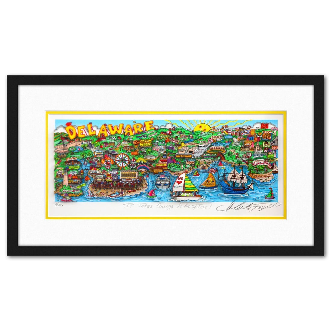 Charles Fazzino- 3D Construction Silkscreen Serigraph "It Takes Courage to be First !": Artist: Charles Fazzino. Medium: 3D Construction Silkscreen Serigraph. Title: It Takes Courage to be First !. Size: 8" x 18". Measures approx. 14" x 25" (framed). Signature: Hand signed and numbered.