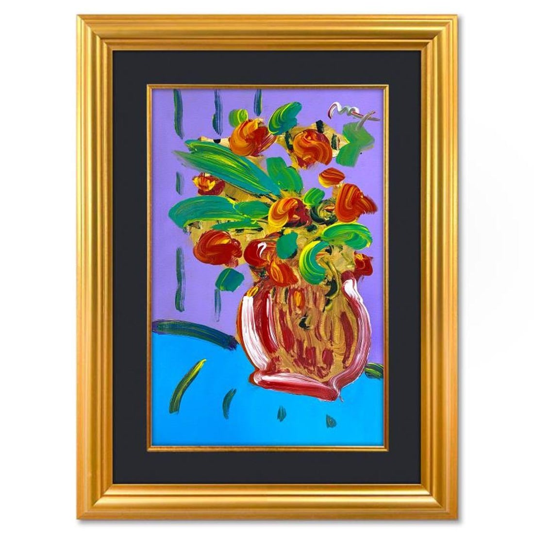 Peter Max, "Abstract Flower" Framed One-of-a-Kind Mixed Media, Hand Signed with Registration Number: Abstract Flower is a one-of-a-kind mixed media on paper, hand signed by Peter Max. The piece comes custom framed with a backside cutout to display Peter Max Studio registration number 230073 certifyin