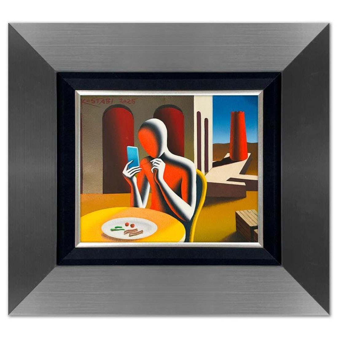 Mark Kostabi, "Between Bites and Bytes" Framed Original Oil Painting on Canvas, Hand Signed with a: Between Bites and Bytes is an original oil painting on canvas by Mark Kostabi, hand signed by the artist. This piece comes custom framed. Includes Certificate of Authenticity. Measures approx. 20" x 2