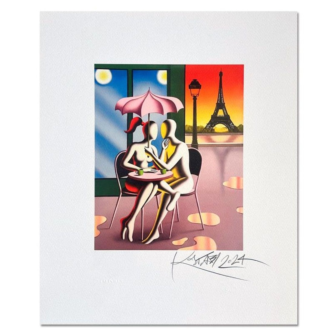 Mark Kostabi, "Café Mon Amour" Hand Signed Limited Edition with Certificate of Authenticity.: Café Mon Amour, is a limited edition giclee on paper by Mark Kostabi. The piece is hand signed and numbered and comes with a certificate of authenticity. Measures approximately 12.5" x 10" (image). R