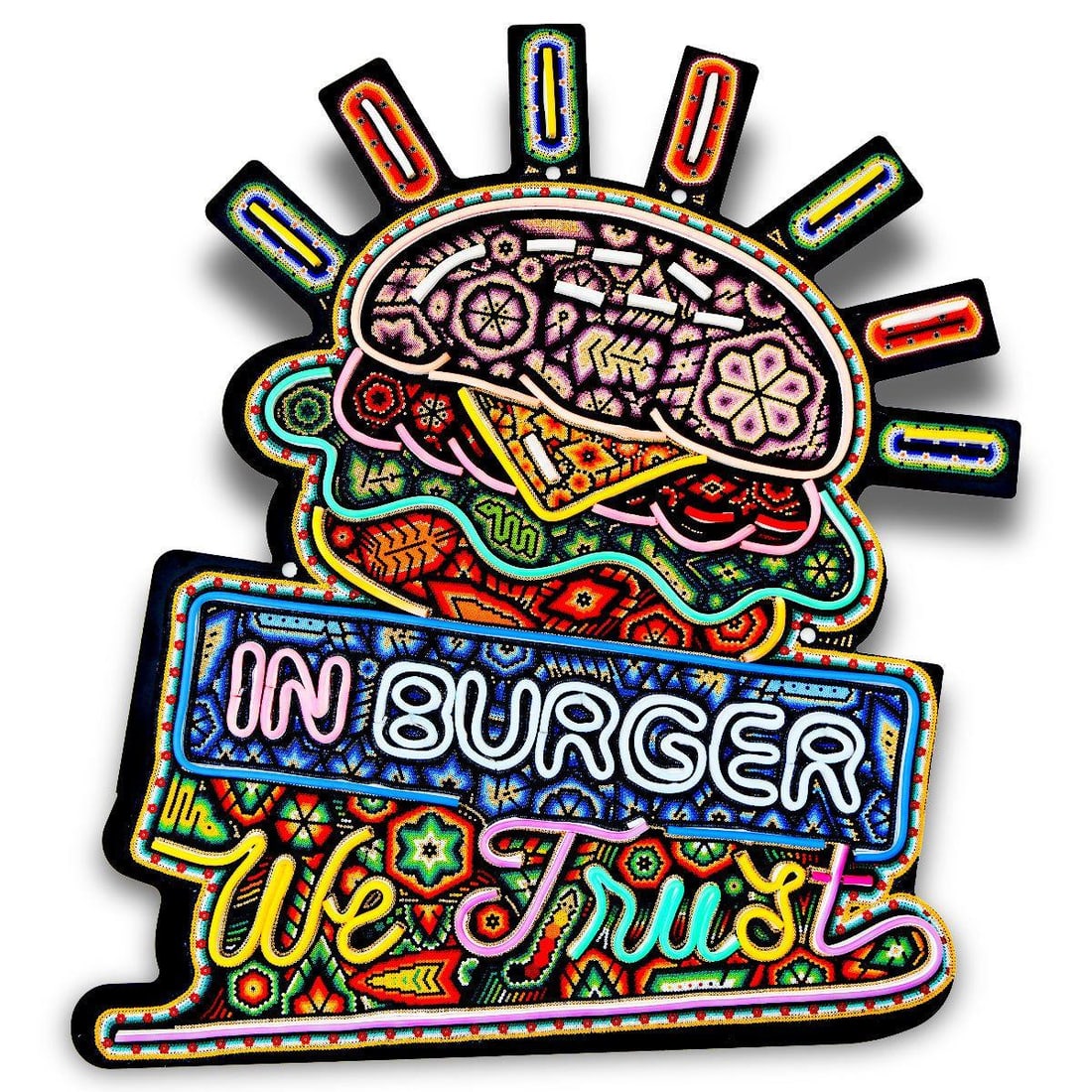 Rick Wolfryd- Color Beaded 3D Sculpture Huichol Light Box "In Hamburger We Trust Fiber Optic": Artist: Rick Wolfryd. Medium: Color Beaded 3D Sculpture Huichol Light Box. Title: In Hamburger We Trust Fiber Optic. Size: 22" x 24". Signature: Signed CHROMA aka Rick Wolfryd. Certificate of Authenti