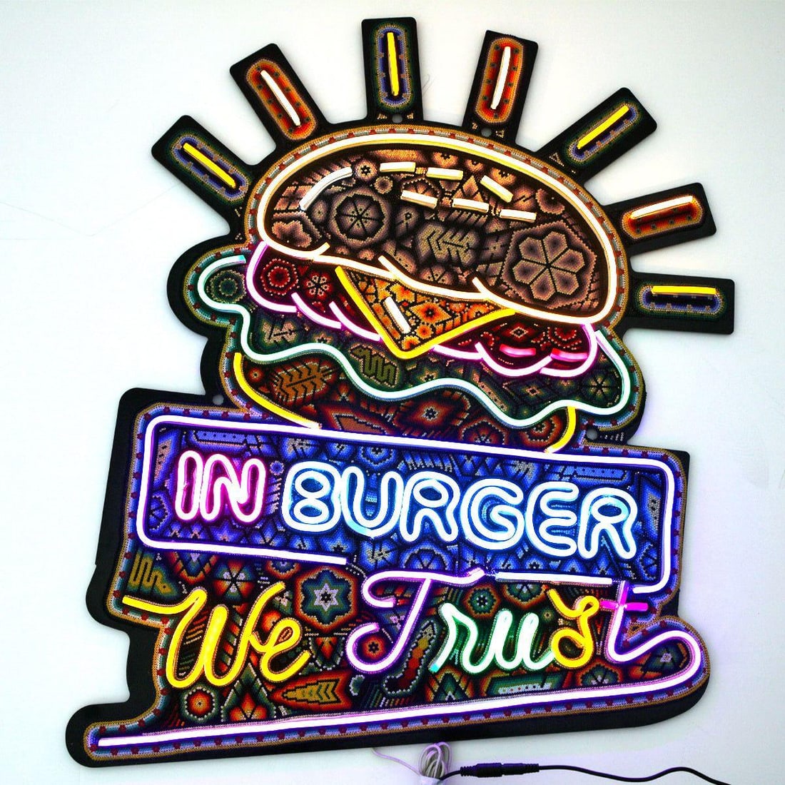 Rick Wolfryd- Color Beaded 3D Sculpture Huichol Light Box "In Hamburger We Trust Fiber Optic" - 2