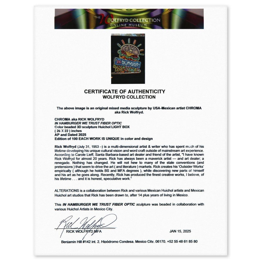 Rick Wolfryd- Color Beaded 3D Sculpture Huichol Light Box "In Hamburger We Trust Fiber Optic" - 4