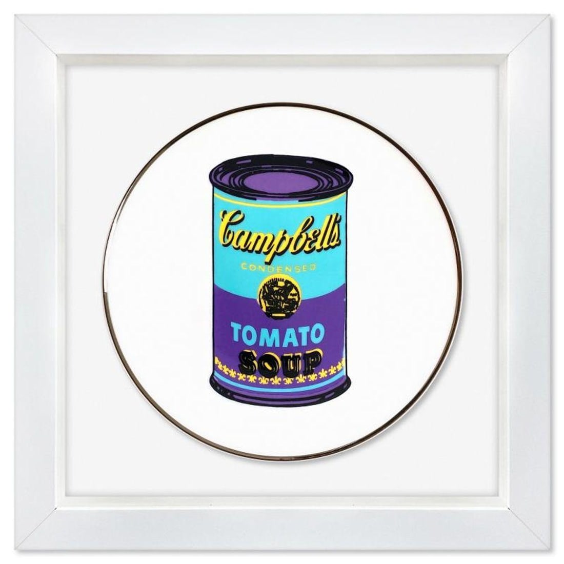 Andy Warhol (1928-1987), "Campbell (Turquoise/Purple)" Framed Limoges Porcelain Plate.: Campbell (Turquoise/Purple) is a Limoges porcelain plate bearing the plate signature inverso of Andy Warhol (1928-1987). This plate is custom framed and floated on linen. Measures approx. 13.5" x