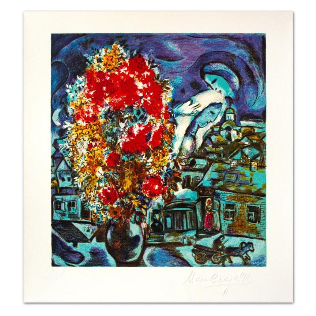 Marc Chagall (1887-1985), "Le Boutique Et Le Village Bleu" Limited Edition Lithograph with Letter of: Le Boutique Et Le Village Bleu is a limited edition lithograph on paper by Marc Chagall (1887-1985). Printed by Atelier Mourlot in Paris and authorized by the Chagall Estate and ADAGP Paris , the piec