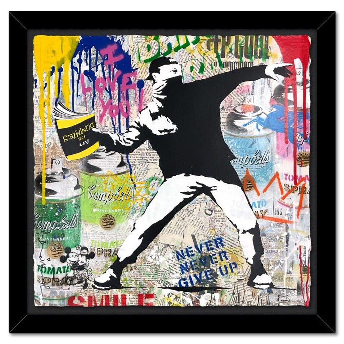Mr. Brainwash, "Banksy Thrower" Framed Mixed Media Original, Hand Signed with Certificate of: Banksy Thrower is a mixed media original on deckle edge paper by Mr. Brainwash, hand signed inverso and bearing the thumbprint of the artist. This piece comes custom framed. Includes Certificate of Au