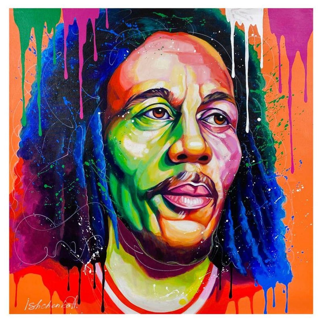 Alexander Ishchenko, "Bob Marley" Original Acrylic Painting on Canvas, Hand Signed with Letter: Bob Marley is an original acrylic painting on canvas by Alexander Ishchenko, hand signed by the artist. Includes Letter of Authenticity. Measures approx. 36" x 36" (image).