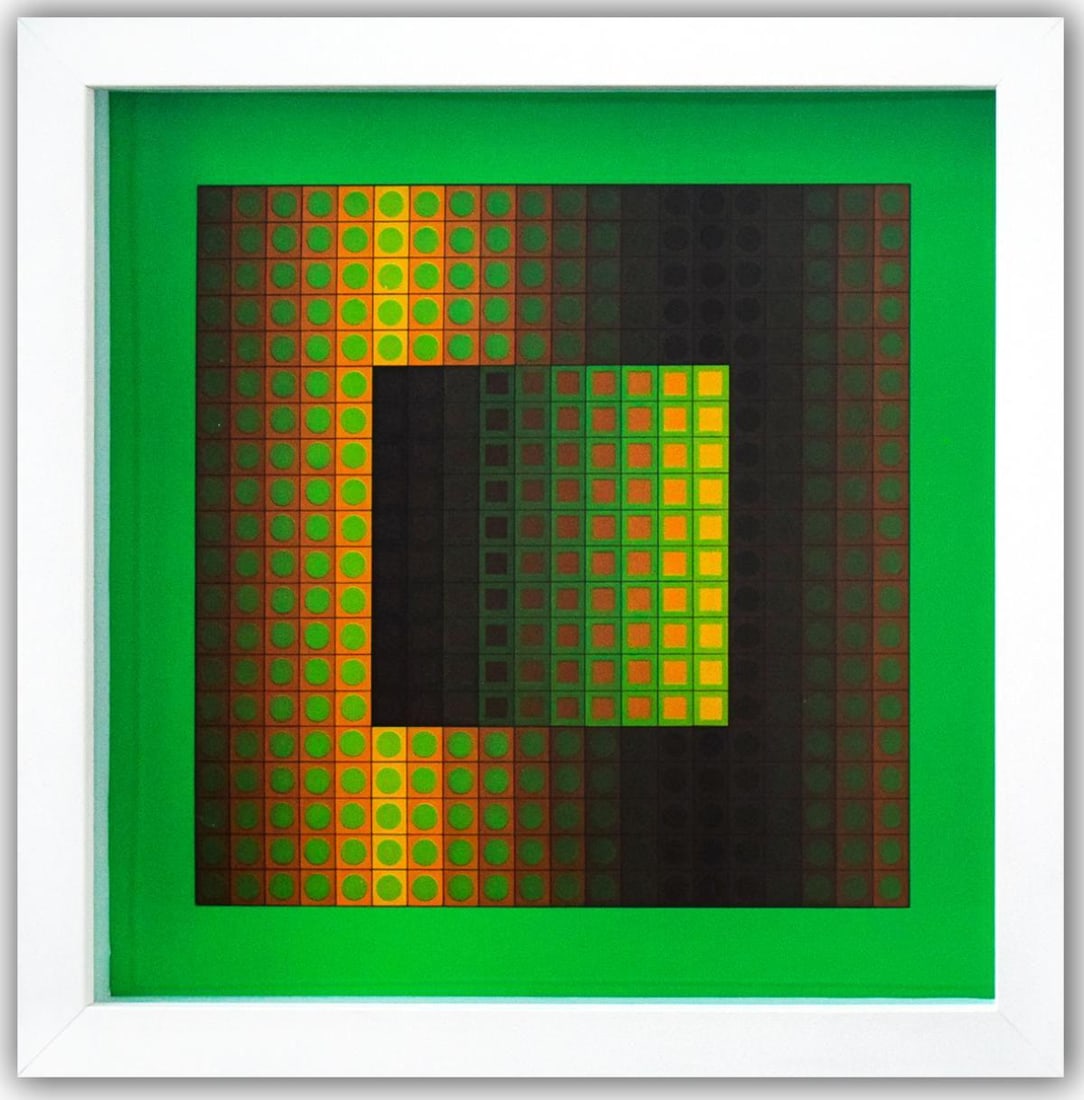 Victor Vasarely- Heliogravure Print "Zett - ZS": Artist: Victor Vasarely. Medium: Heliogravure Print. Title: Zett - ZS. Size: 10" x 10". Measures approx. 12" x 12" (framed). Additional: Custom Framed , 1971. Reference#: 21360.