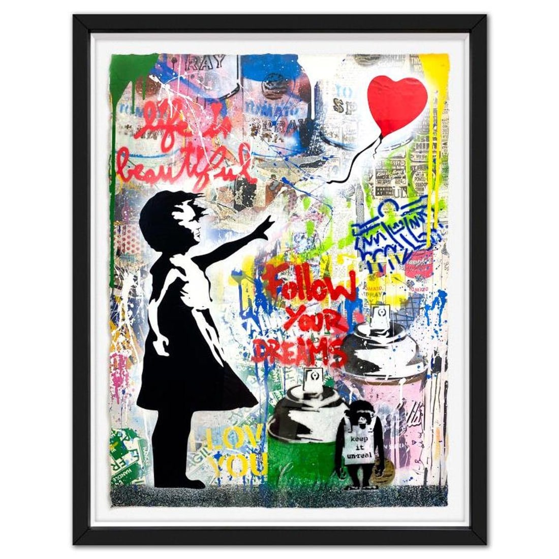 Mr. Brainwash, "Balloon Girl" Framed Original Mixed Media, Hand Signed with Certificate of: Balloon Girl is an original mixed media on deckle edge paper by Mr. Brainwash, hand signed by the artist. This piece comes framed and is also hand signed inverso and bears the thumbprint of the artist