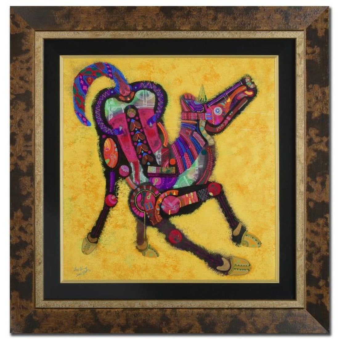 Lu Hong, "Earth Horse" Framed Original Mixed Media Painting, Hand Signed and with Certificate of: Under the grounded influence of the Earth Element, the Earth Horse becomes the most stable and sensible of the Horse types. The Earth Horse can be considered the "work horse" member of the Horse sign