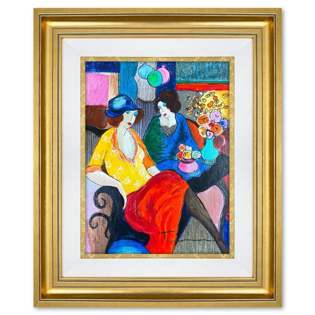 Itzchak Tarkay (1935-2012), "Chit Chat" Framed One-of-a-Kind Mixed Media Over Paint on Wood, Hand: Chit Chat is a one-of-a-kind mixed media over paint on wood by Itzchak Tarkay (1935-2012), hand signed by the artist. This piece comes custom framed. Includes Letter of Authenticity. Measures approx.