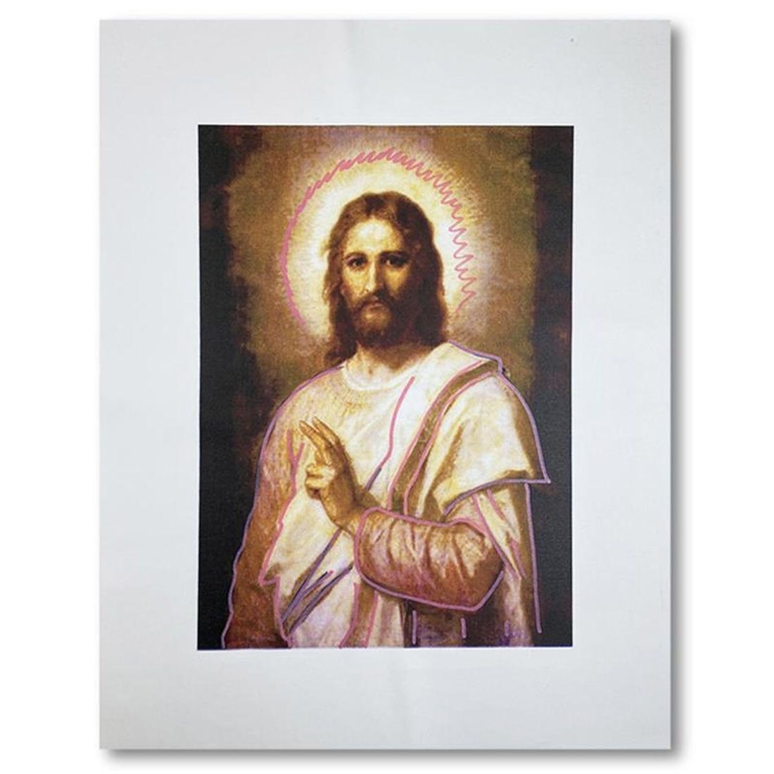 Steve Kaufman (1960-2010), "Jesus Peace (State 2)" Hand Signed and Numbered Limited Edition Hand: Jesus Peace State Two is a limited edition hand pulled silkscreen mixed media on canvas by Andy Warhol protege Steve Kaufman (1960-2010). This piece is numbered and 15/50 and hand signed inverso. Incl
