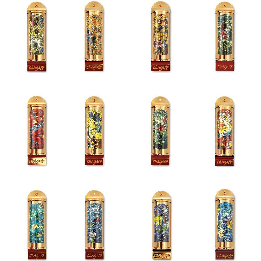 Marc Chagall- Mezuzah Set "12 Tribes of Israel": Artist: Marc Chagall. Medium: Mezuzah Set. Title: 12 Tribes of Israel. Size: 5.1" x 1.4". Certificate of Authenticity: Is included. Additional: Set of 12. Limited edition of 1800. Full color silkscree