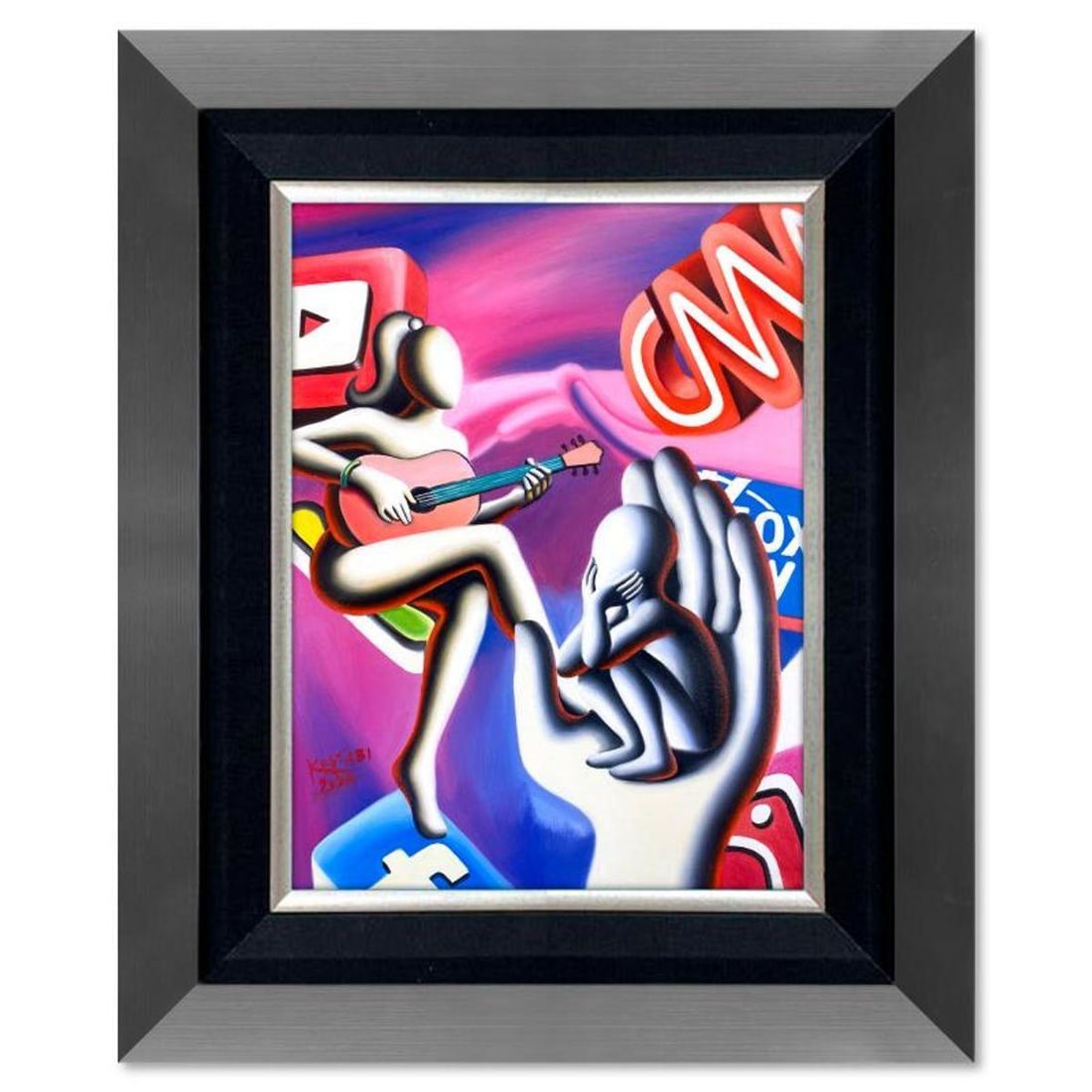 Mark Kostabi, "Surrendering Serenity in a Digital Storm" Framed Original Oil Painting on Canvas,: Surrendering Serenity in a Digital Storm is an original oil painting on canvas by Mark Kostabi, hand signed by the artist. This piece comes custom framed. Includes Certificate of Authenticity. Measure