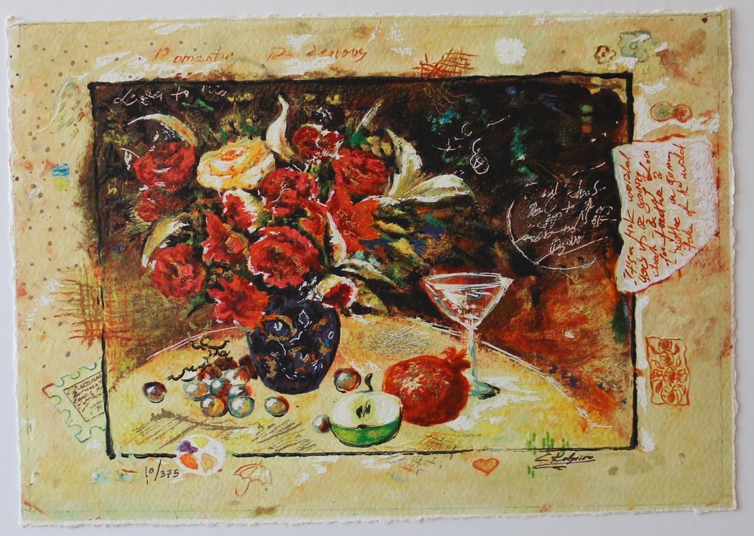 Sergey Kovrigo- Original Serigraph on Paper "Wine and Roses": Artist: Sergey Kovrigo. Medium: Original Serigraph on Paper. Title: Wine and Roses. Size: 9" x 13". Signature: Hand Signed by the Artist. Certificate of Authenticity: From the publisher. Reference#: 2