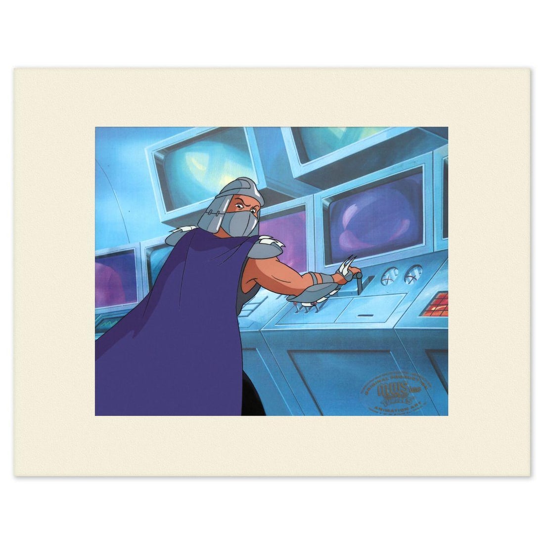 Animation Art- Hand-Painted Cel "Shredder": Artist: Animation Art. Medium: Hand-Painted Cel. Title: Shredder. Size: 8" x 9". Certificate of Authenticity: Is included. Additional: Matted and ready to frame. Portfolio: Teenage Mutant Ninja Turtle