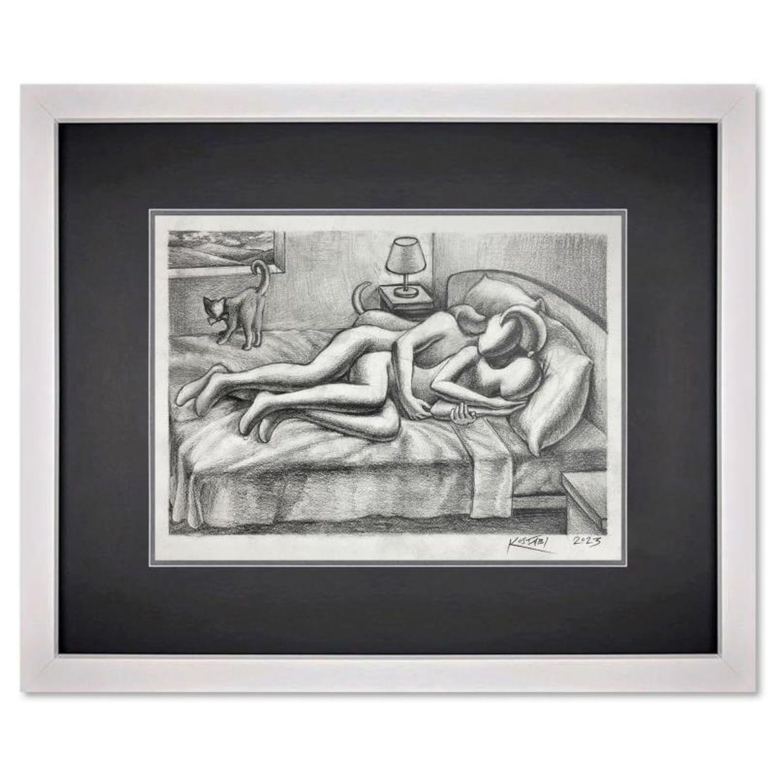 Mark Kostabi, "Bedtime Stories" Framed Original Drawing on Paper, Hand Signed with Certificate of: Bedtime Stories is an original drawing on paper by Mark Kostabi, hand signed by the artist. This piece comes custom framed. Includes Certificate of Authenticity. Measures approx. 15" x 18" (frame), 9"