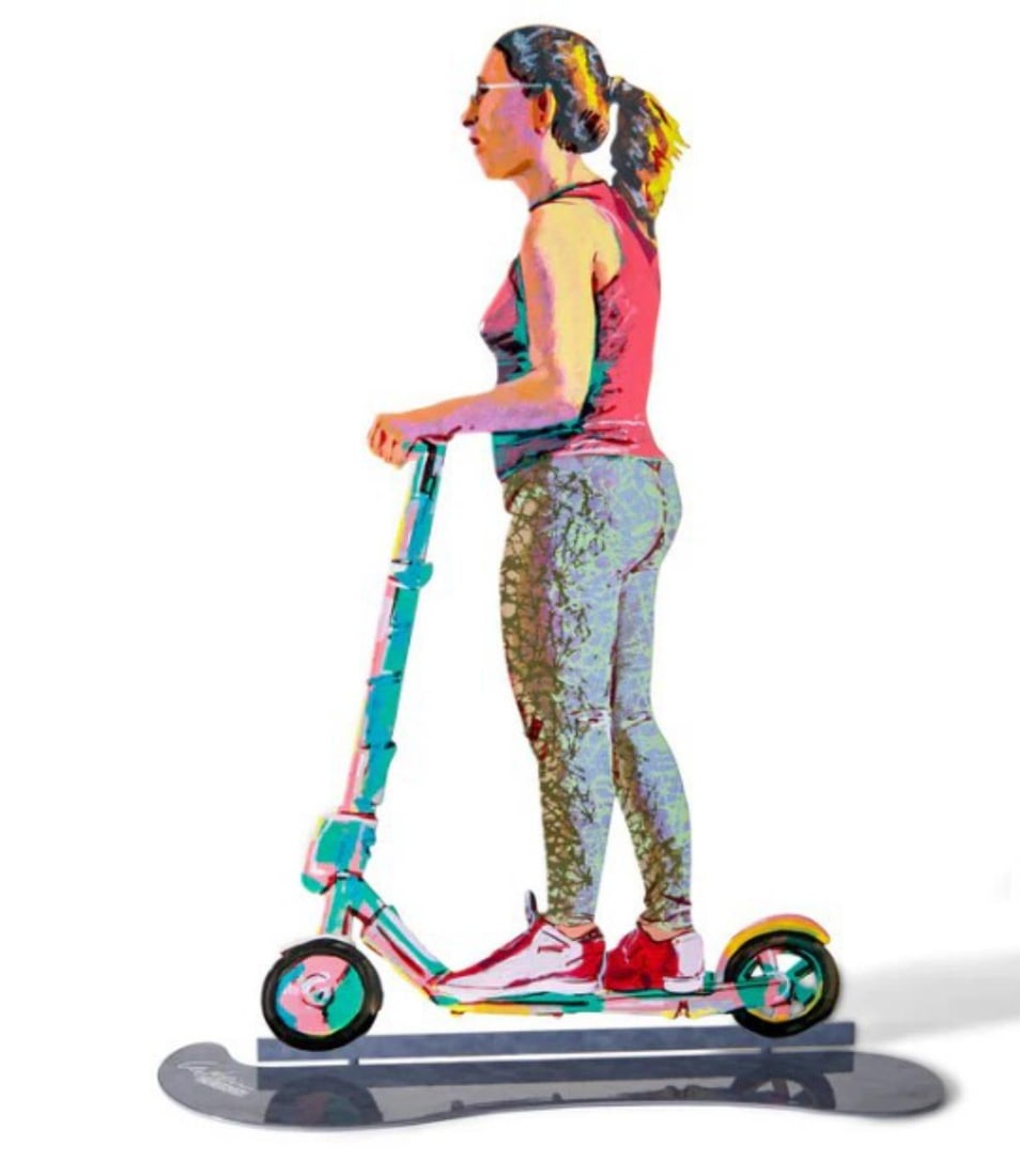 David Gerstein- Free Standing Sculpture "TRAVELER ON SCOOTER": Artist: David Gerstein. Medium: Free Standing Sculpture. Title: TRAVELER ON SCOOTER. Size: 16.3" x 12.4". Signature: Signed. Certificate of Authenticity: Is included. Additional: This piece is free st