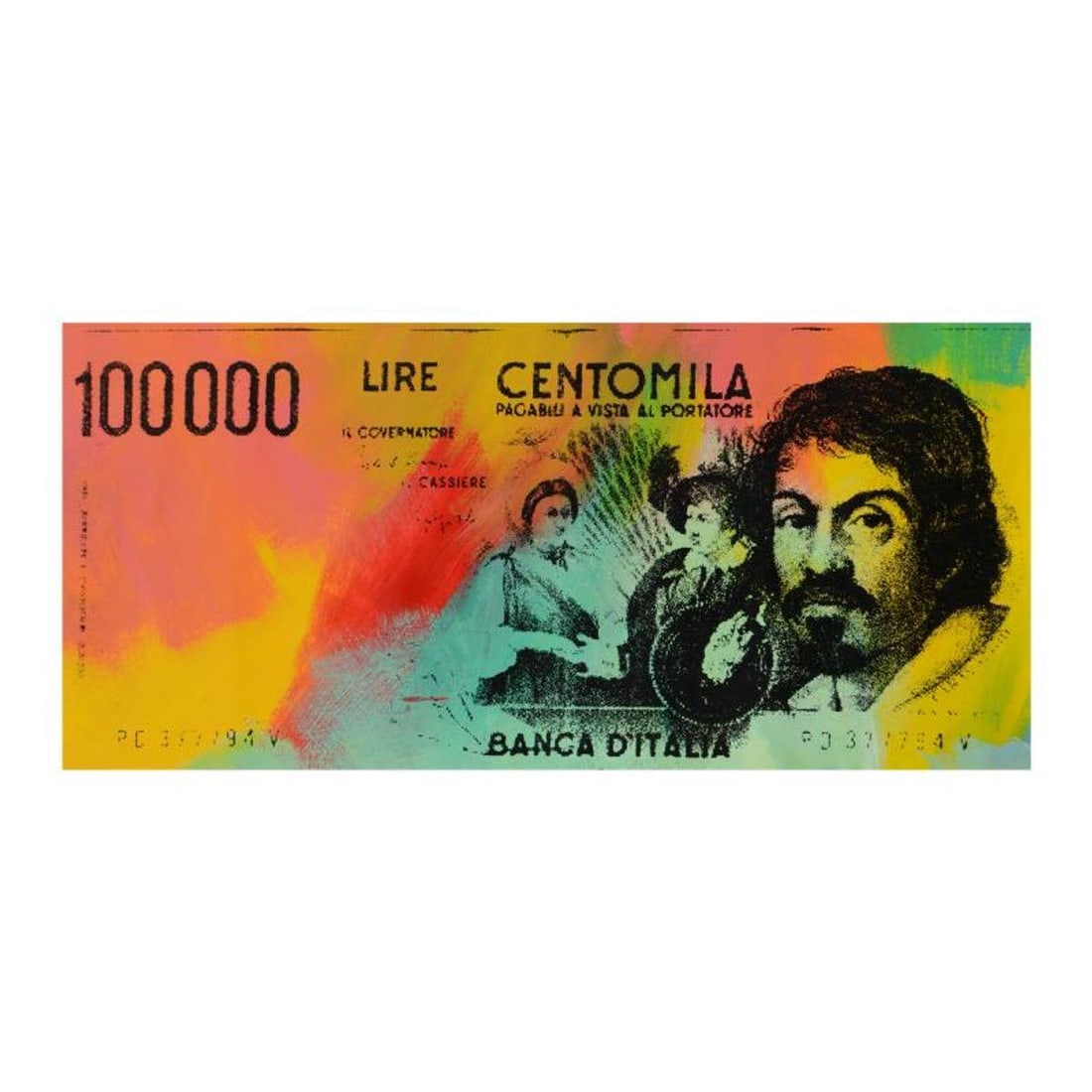 Steve Kaufman (1960-2010), "Old Italan Lire Centomila" Hand Painted Limited Edition Silkscreen on: One Hundred Thousand Lire is a hand painted limited edition silkscreen on canvas from an HC edition by Andy Warhol protege Steve Kaufman (1960-2010). This piece is hand signed inverso. Includes letter