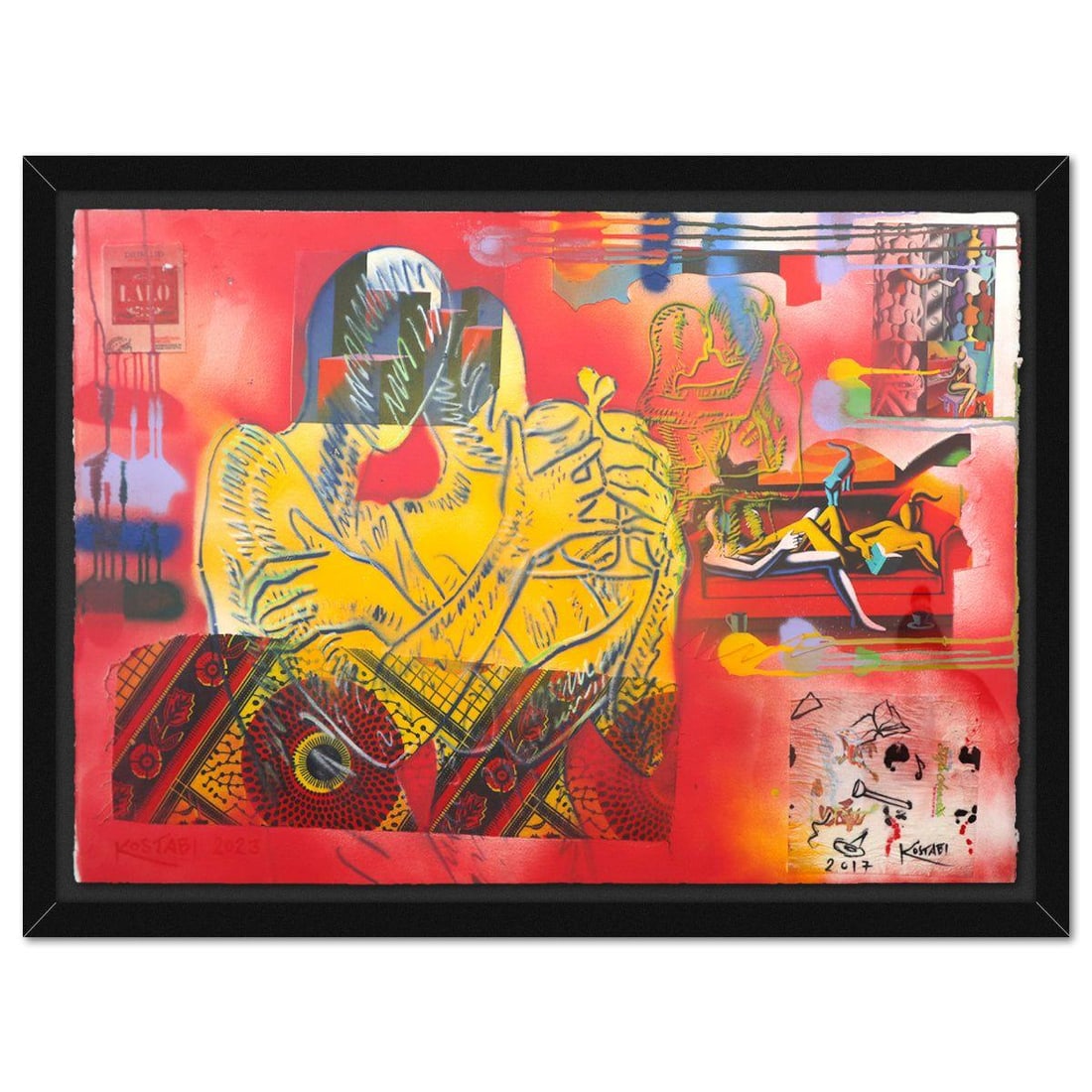 Mark Kostabi- Original Mixed Media on Paper "The Part Starts Here": Artist: Mark Kostabi. Medium: Original Mixed Media on Paper. Title: The Part Starts Here. Size: 29" x 42". Measures approx. 35" x 47" (framed). Signature: Hand signed. Certificate of Authenticity: Is