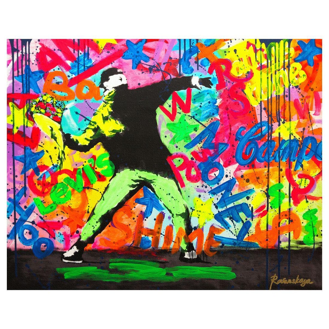 Nastya Rovenskaya- Mixed Media on Canvas "Throwing Flowers": Artist: Nastya Rovenskaya. Medium: Mixed Media on Canvas. Title: Throwing Flowers. Size: 24" x 30". Signature: Hand signed. Certificate of Authenticity: Is included. Reference#: 26291.