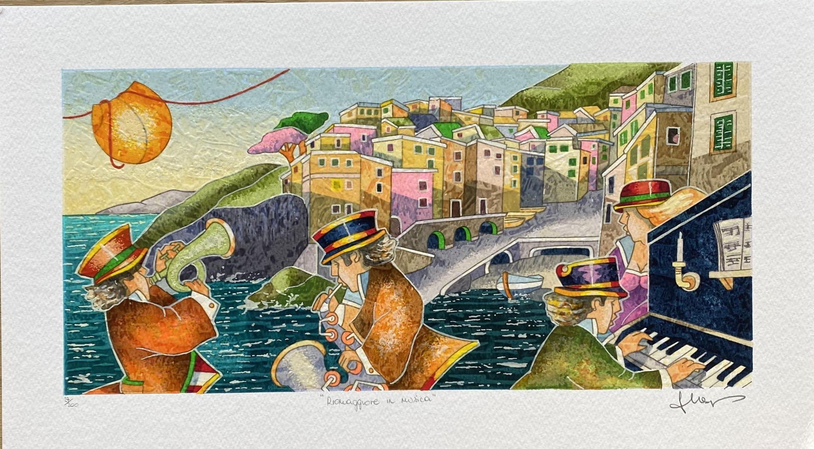 Francesco Nesi- Original Serigraph on Paper "RIOMAGGIORE IN MUSICA": Artist: Francesco Nesi. Medium: Original Serigraph on Paper. Title: RIOMAGGIORE IN MUSICA. Size: 10" x 18". Signature: Hand Signed and Numbered by the Artist. Certificate of Authenticity: Is