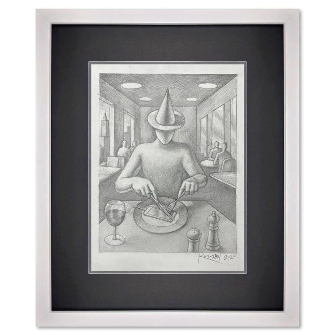 Mark Kostabi, "An Apple a Day" Framed Original Drawing on Paper, Hand Signed with Certificate of: An Apple a Day is an original drawing on paper by Mark Kostabi, hand signed by the artist. This piece comes custom framed and includes a certificate of authenticity. Measures approximately 17" x 14" (