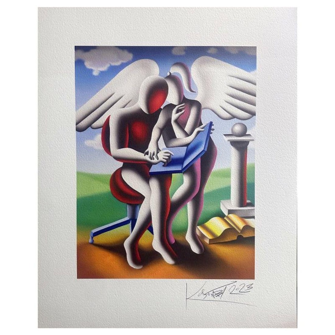 Mark Kostabi, "Divine Guidance" hand signed limited edition serigraph with Certificate of: Divine Guidance is a numbered limited edition serigraph on paper by Mark kostabi. Hand signed by the artist the piece comes with a certificate of authenticity. Measures approximately 19.5" x 15" (imag