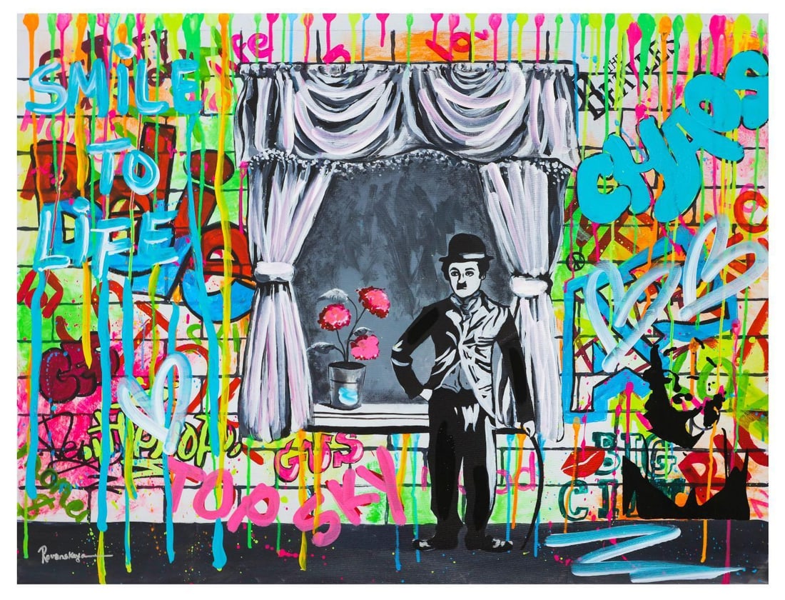 Nastya Rovenskaya- Mixed Media "Comedy Time": Artist: Nastya Rovenskaya. Medium: Mixed Media. Title: Comedy Time. Size: 30" x 40". Signature: Hand Signed by the artist. Certificate of Authenticity: From the publisher. Reference#: 20791.