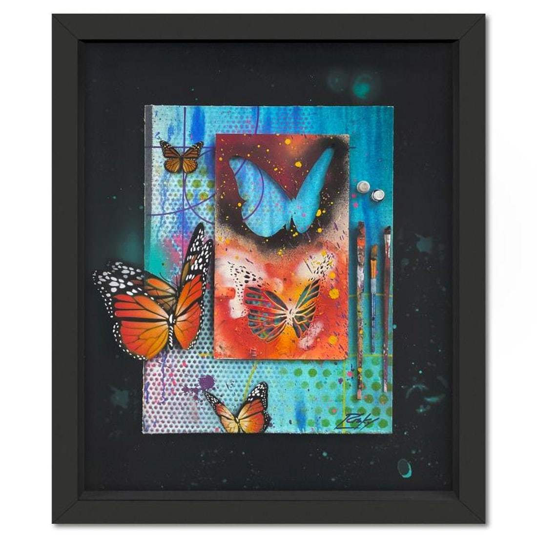 RISK, "Tools of the Trade #8" Framed Mixed Media Original Painting on Canvas Board (35" x 29"), Hand: Tools of the Trade #8 is a mixed media original acrylic and spray paint painting on wood and canvas panel with artist used stencils, brushes and spray caps. This piece is hand signed by RISK and