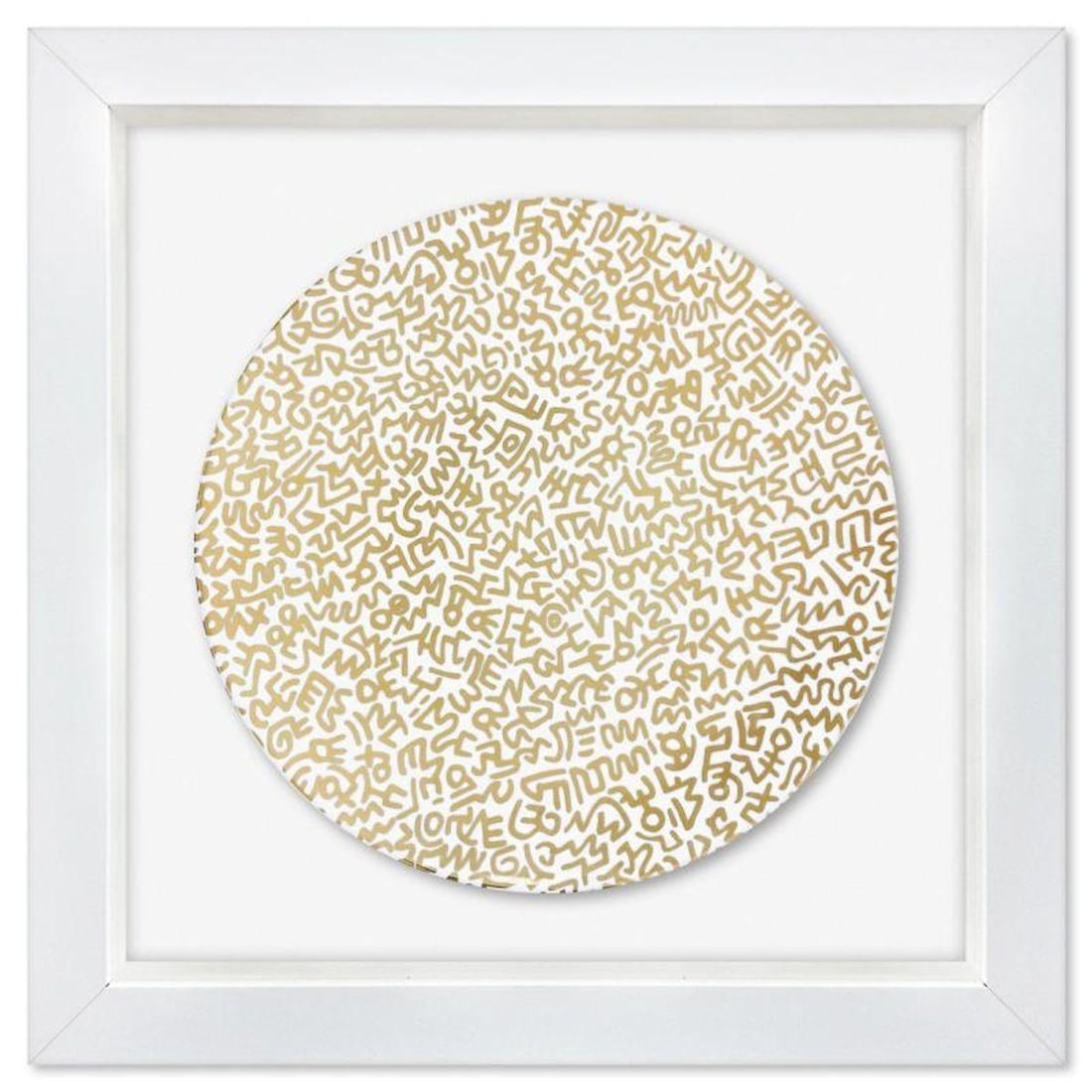 Keith Haring (1958-1990), "Gold Pattern" Framed Limoges Porcelain Plate.: Gold Pattern is a Limoges porcelain plate bearing the plate signature inverso of Keith Haring (1958-1990). This plate is custom framed and floated on linen. Measures approx. 15" x 15" (frame), 10" (pl